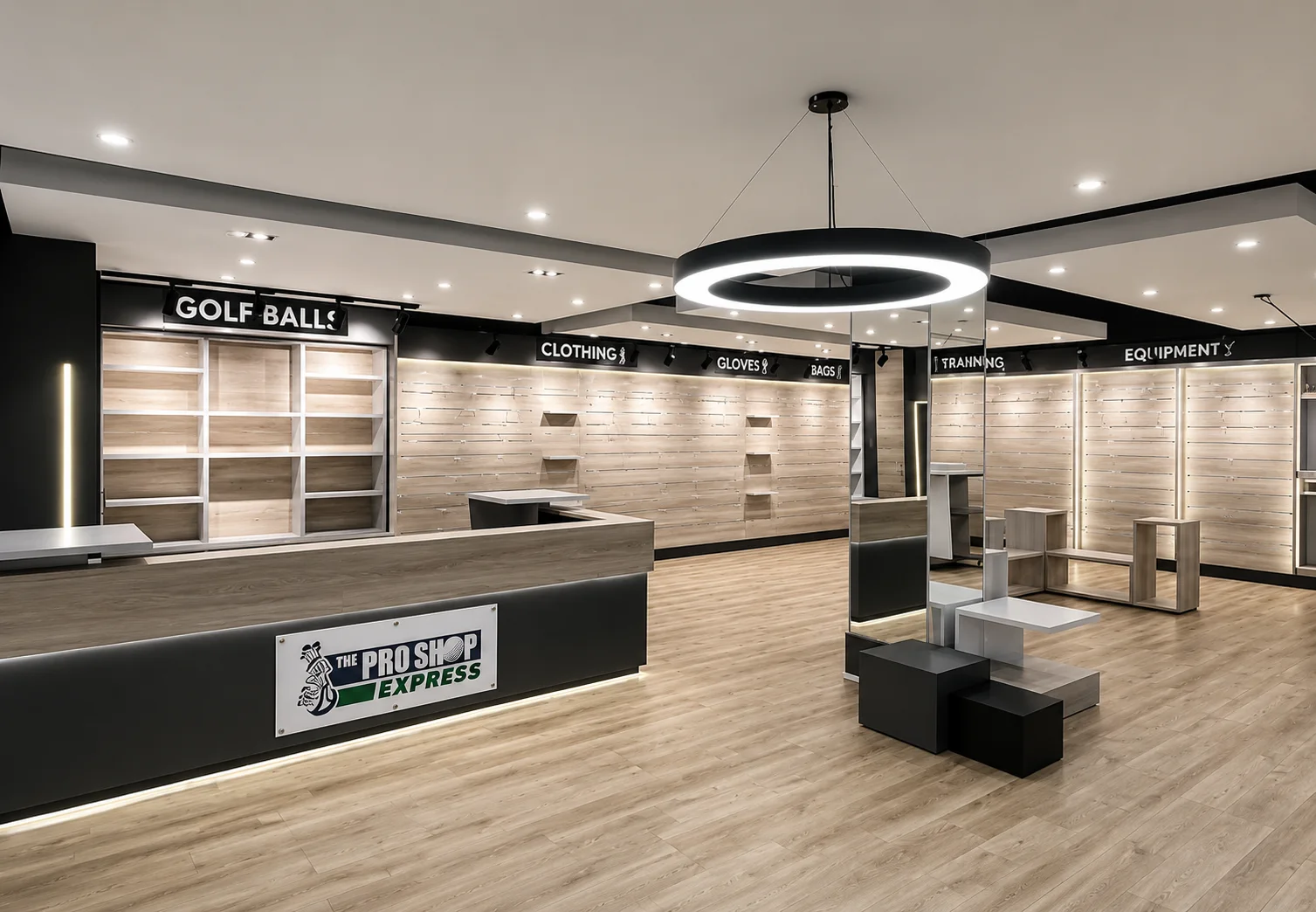 Interior of a modern golf pro shop with wooden flooring, empty display shelves, and a circular ceiling light fixture.