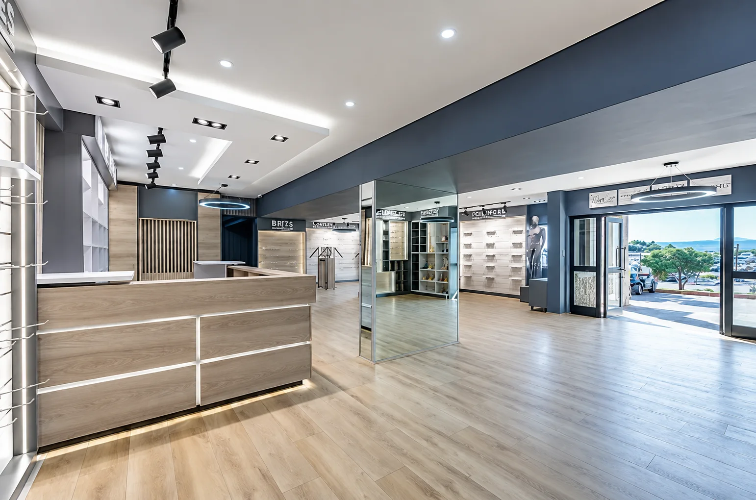 Spacious retail interior with light wood flooring, blue walls, display shelves, counters, and large glass entrance doors.